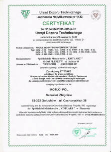 Certyfikaty UDT kotłów firmy KOTŁO-POL